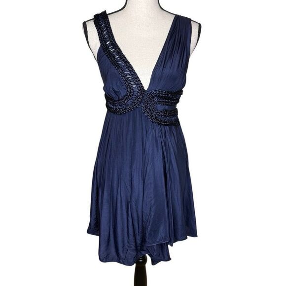 Leon Max Limited Edition Navy Silk Blnd Fit & Flare Drape Hem Dress Sz XS Party - Picture 1 of 14